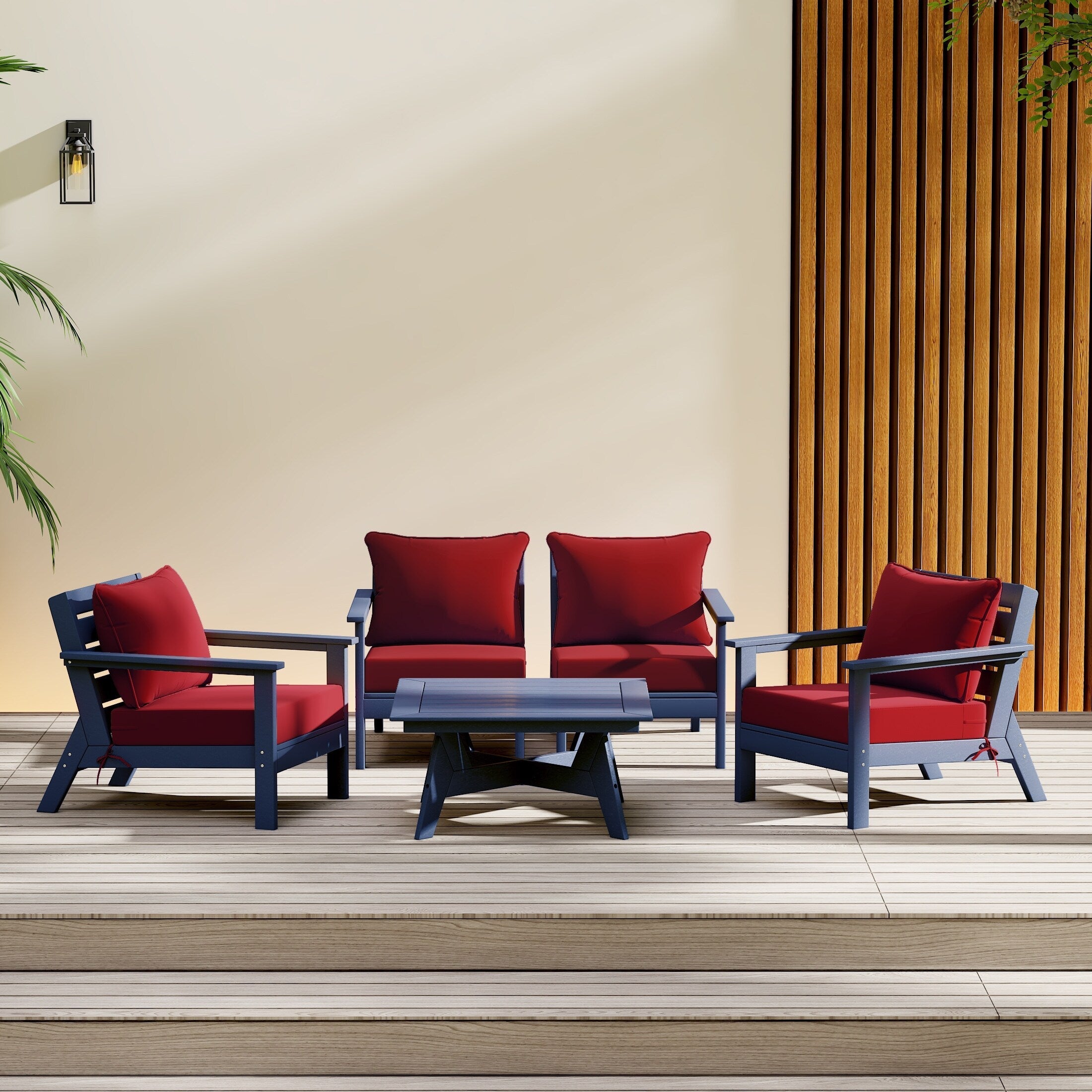 Ensemble de salon de jardin Polytrends Birchwood en PEHD toutes saisons, bleu marine, avec sièges profonds (5 pièces)