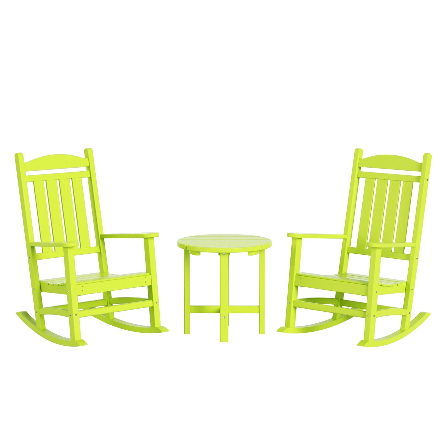 Chaises à bascule d'extérieur Polytrends Laguna en PEHD toutes saisons avec table d'appoint (ensemble de 3 pièces)