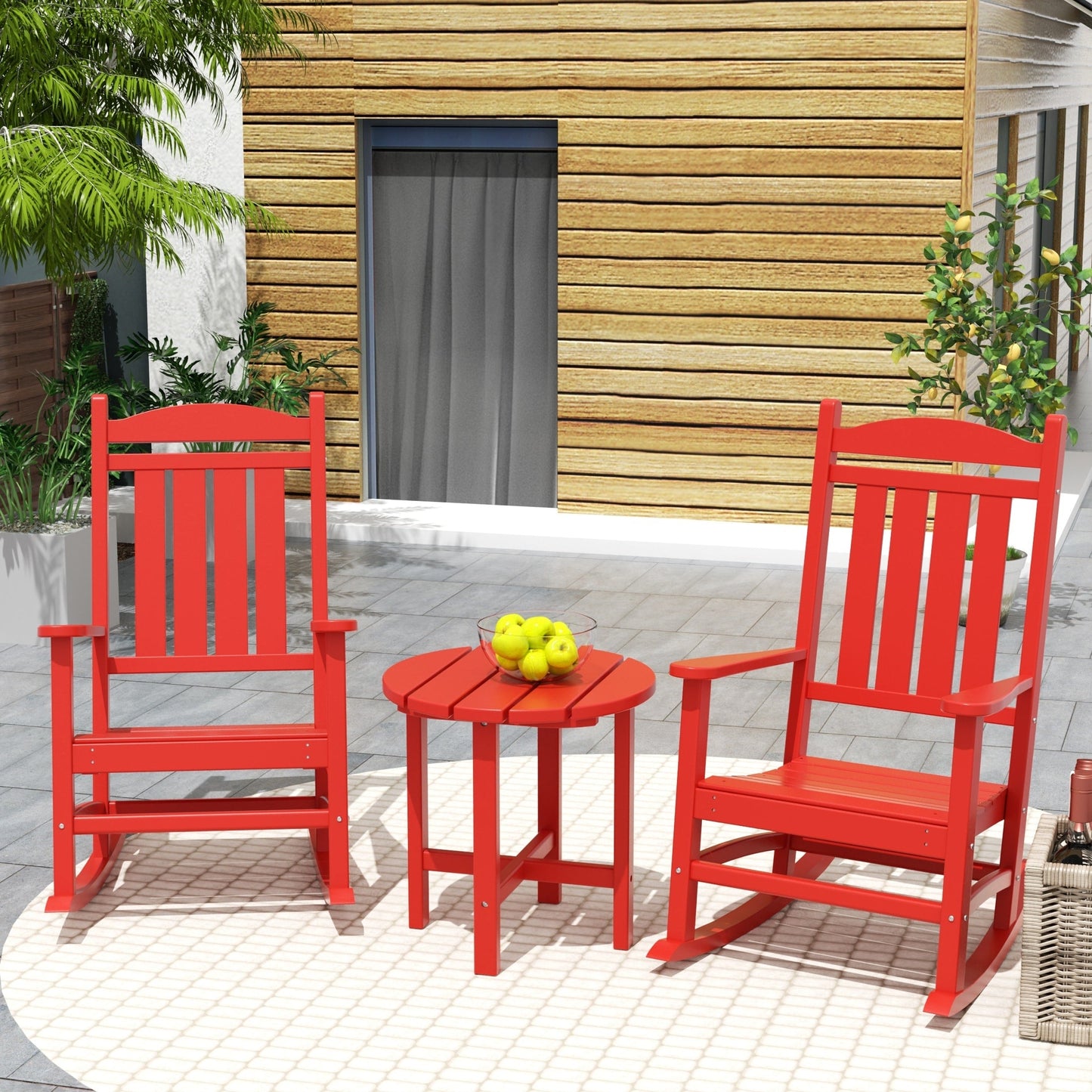 Chaises à bascule d'extérieur Polytrends Laguna en PEHD toutes saisons avec table d'appoint (ensemble de 3 pièces)