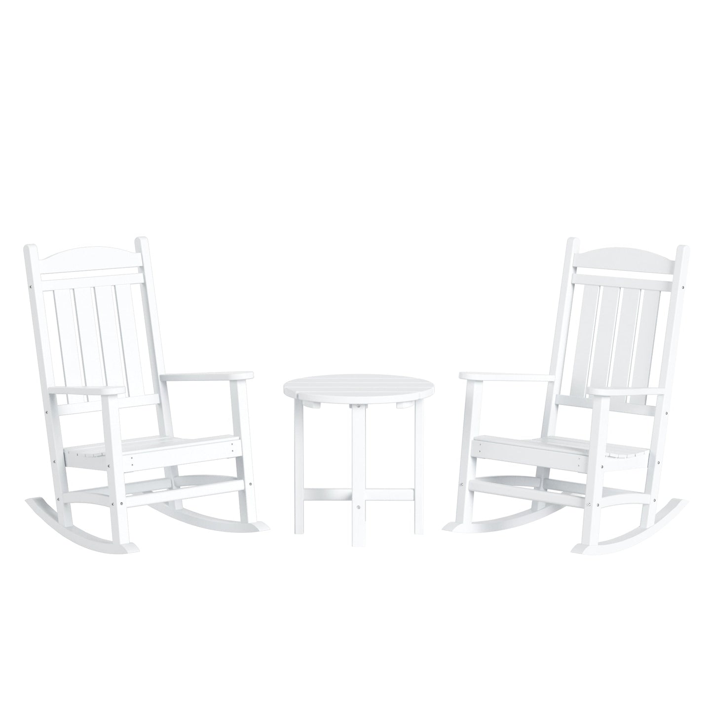 Chaises à bascule d'extérieur Polytrends Laguna en PEHD toutes saisons avec table d'appoint (ensemble de 3 pièces)