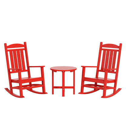 Chaises à bascule d'extérieur Polytrends Laguna en PEHD toutes saisons avec table d'appoint (ensemble de 3 pièces)