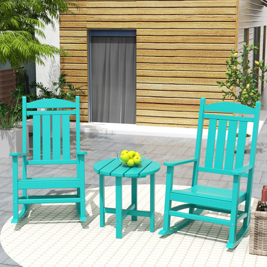 Chaises à bascule d'extérieur Polytrends Laguna en PEHD toutes saisons avec table d'appoint (ensemble de 3 pièces)