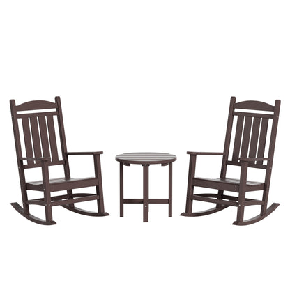Chaises à bascule d'extérieur Polytrends Laguna en PEHD toutes saisons avec table d'appoint (ensemble de 3 pièces)