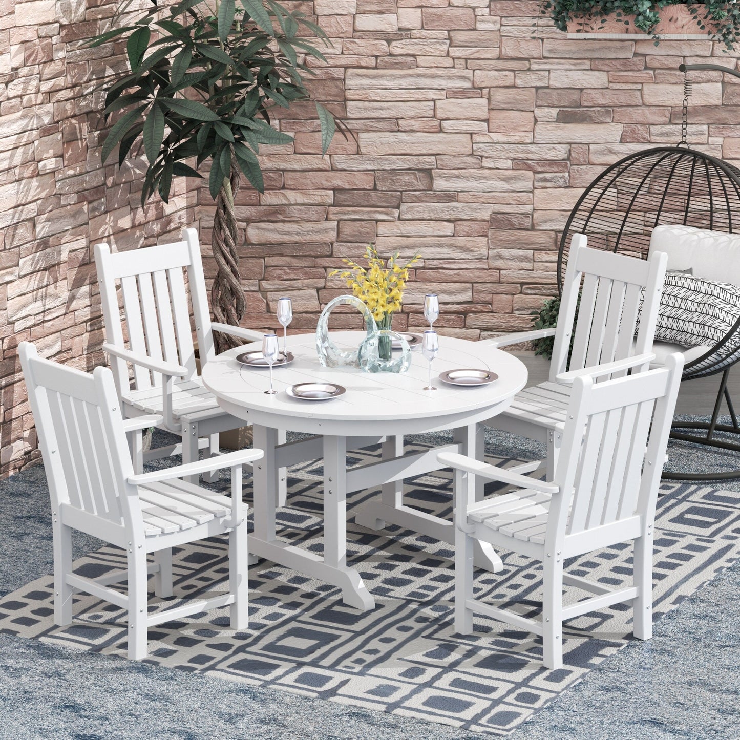 Ensemble de salle à manger d'extérieur Polytrends Laguna en PEHD, toutes saisons, avec table ronde et fauteuils (ensemble de 5 pièces)