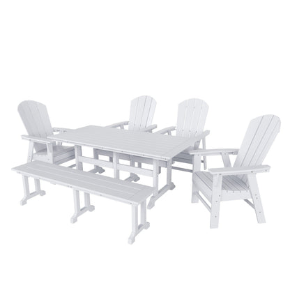 Ensemble de salle à manger d'extérieur Polytrends Laguna en PEHD, toutes saisons, avec table rectangulaire, fauteuils et banc (ensemble de 6 pièces)