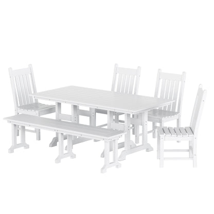 Ensemble de salle à manger d'extérieur Polytrends Laguna en PEHD, toutes saisons, avec table rectangulaire, chaises d'appoint et banc (ensemble de 6 pièces)