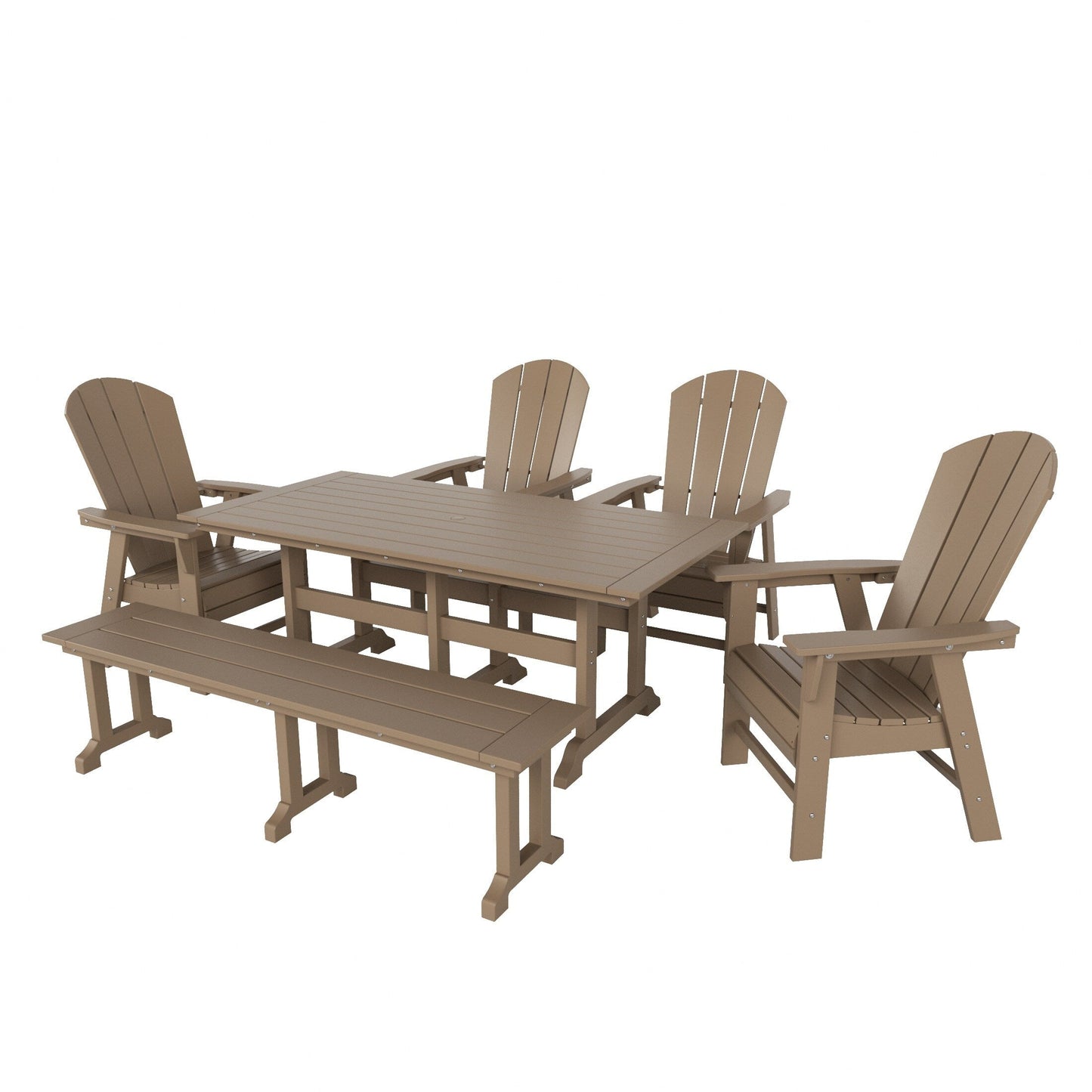 Ensemble de salle à manger d'extérieur Polytrends Laguna en PEHD, toutes saisons, avec table rectangulaire, fauteuils et banc (ensemble de 6 pièces)