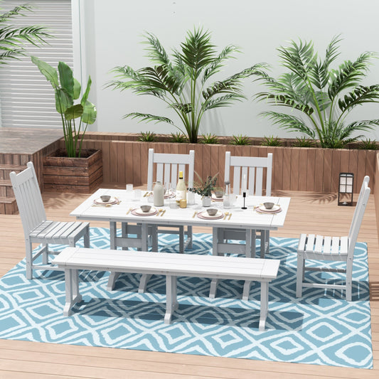 Ensemble de salle à manger d'extérieur Polytrends Laguna en PEHD, toutes saisons, avec table rectangulaire, chaises d'appoint et banc (ensemble de 6 pièces)