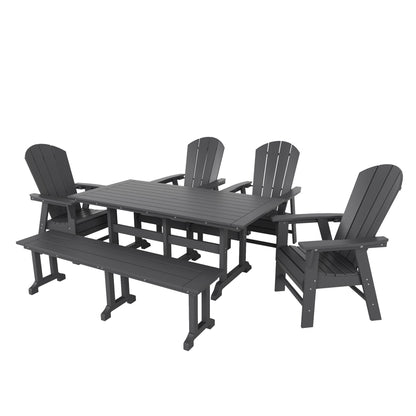 Ensemble de salle à manger d'extérieur Polytrends Laguna en PEHD, toutes saisons, avec table rectangulaire, fauteuils et banc (ensemble de 6 pièces)