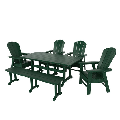 Ensemble de salle à manger d'extérieur Polytrends Laguna en PEHD, toutes saisons, avec table rectangulaire, fauteuils et banc (ensemble de 6 pièces)