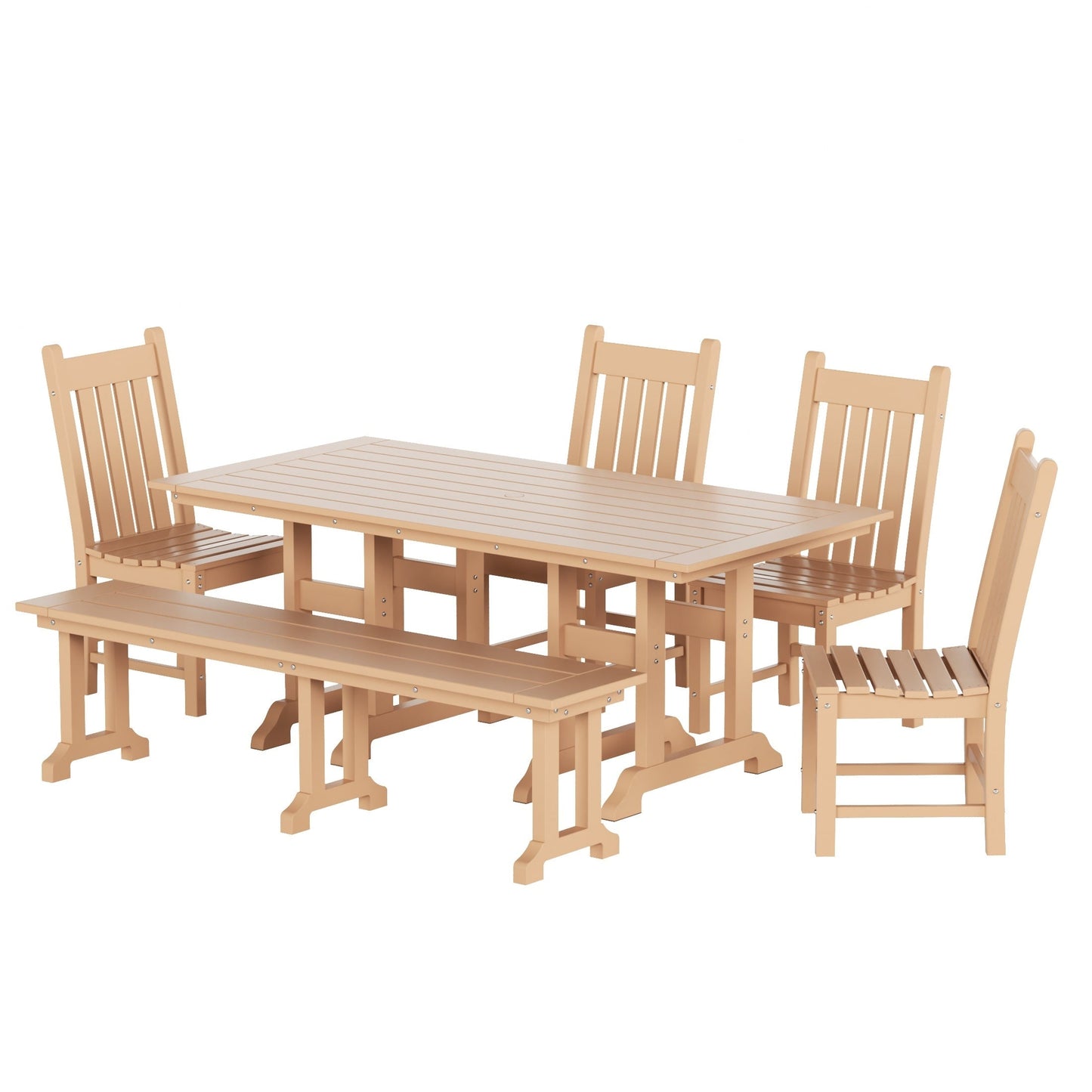 Ensemble de salle à manger d'extérieur Polytrends Laguna en PEHD, toutes saisons, avec table rectangulaire, chaises d'appoint et banc (ensemble de 6 pièces)