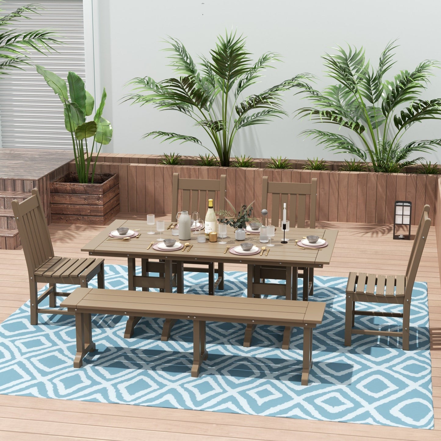 Ensemble de salle à manger d'extérieur Polytrends Laguna en PEHD, toutes saisons, avec table rectangulaire, chaises d'appoint et banc (ensemble de 6 pièces)