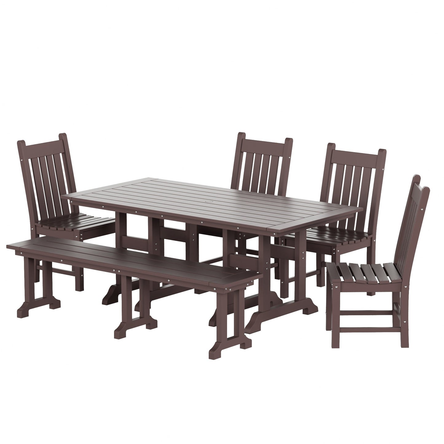 Ensemble de salle à manger d'extérieur Polytrends Laguna en PEHD, toutes saisons, avec table rectangulaire, chaises d'appoint et banc (ensemble de 6 pièces)