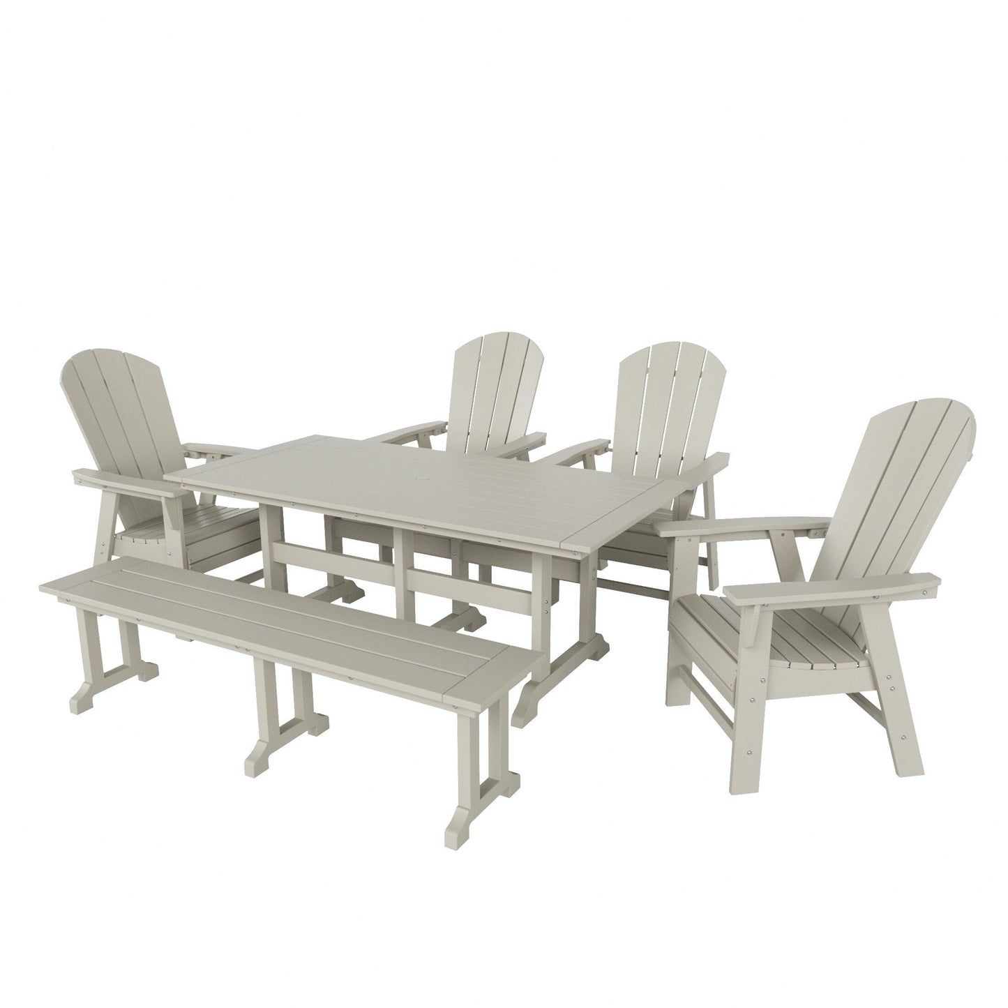 Ensemble de salle à manger d'extérieur Polytrends Laguna en PEHD, toutes saisons, avec table rectangulaire, fauteuils et banc (ensemble de 6 pièces)