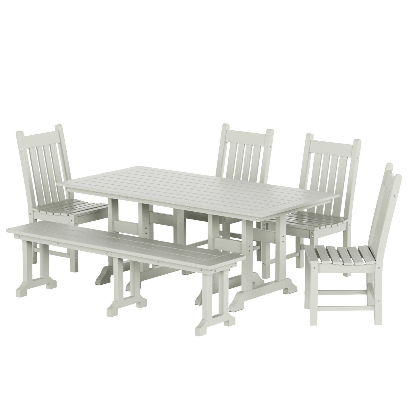 Ensemble de salle à manger d'extérieur Polytrends Laguna en PEHD, toutes saisons, avec table rectangulaire, chaises d'appoint et banc (ensemble de 6 pièces)