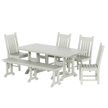 Ensemble de salle à manger d'extérieur Polytrends Laguna en PEHD, toutes saisons, avec table rectangulaire, chaises d'appoint et banc (ensemble de 6 pièces)