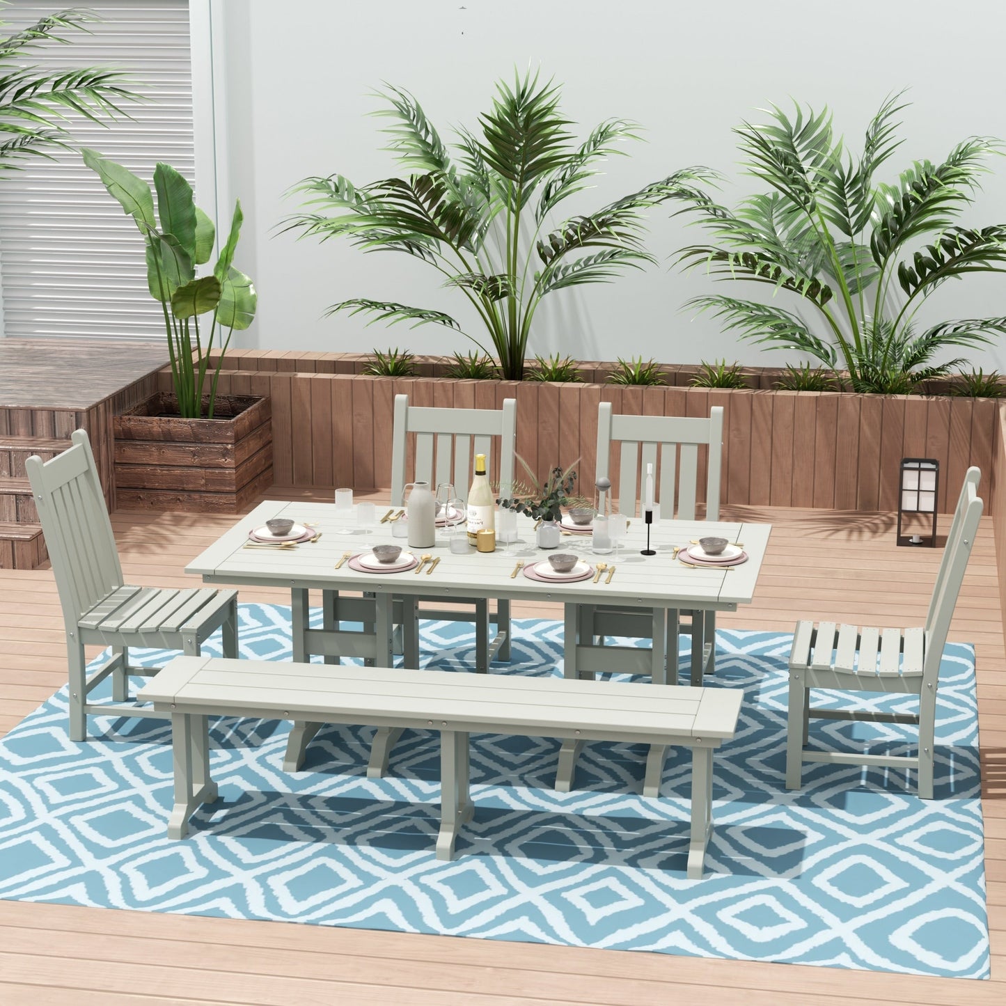 Ensemble de salle à manger d'extérieur Polytrends Laguna en PEHD, toutes saisons, avec table rectangulaire, chaises d'appoint et banc (ensemble de 6 pièces)