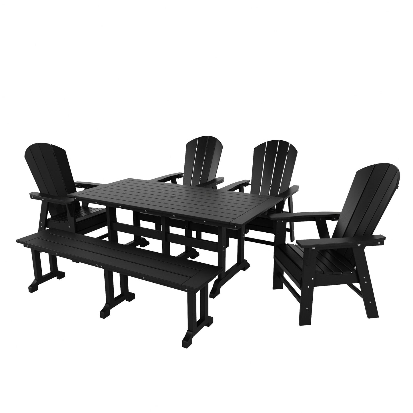Ensemble de salle à manger d'extérieur Polytrends Laguna en PEHD, toutes saisons, avec table rectangulaire, fauteuils et banc (ensemble de 6 pièces)