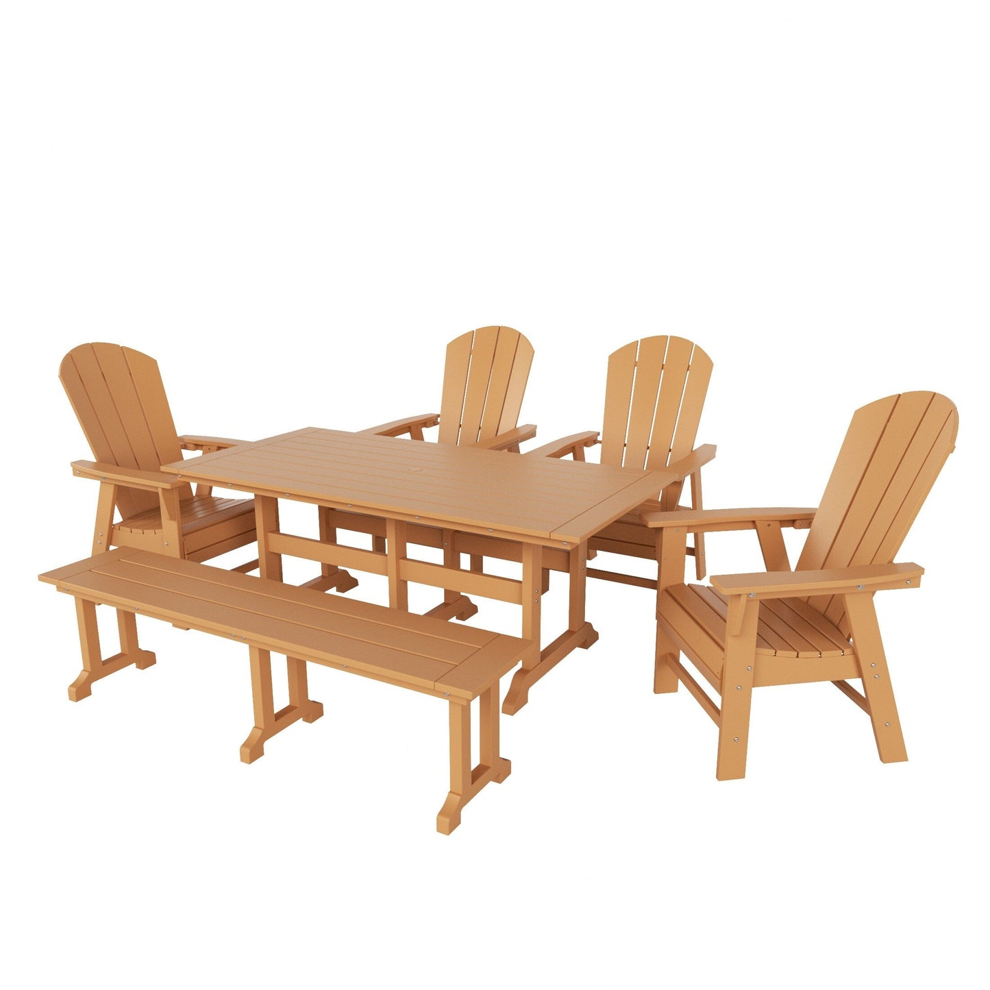 Ensemble de salle à manger d'extérieur Polytrends Laguna en PEHD, toutes saisons, avec table rectangulaire, fauteuils et banc (ensemble de 6 pièces)