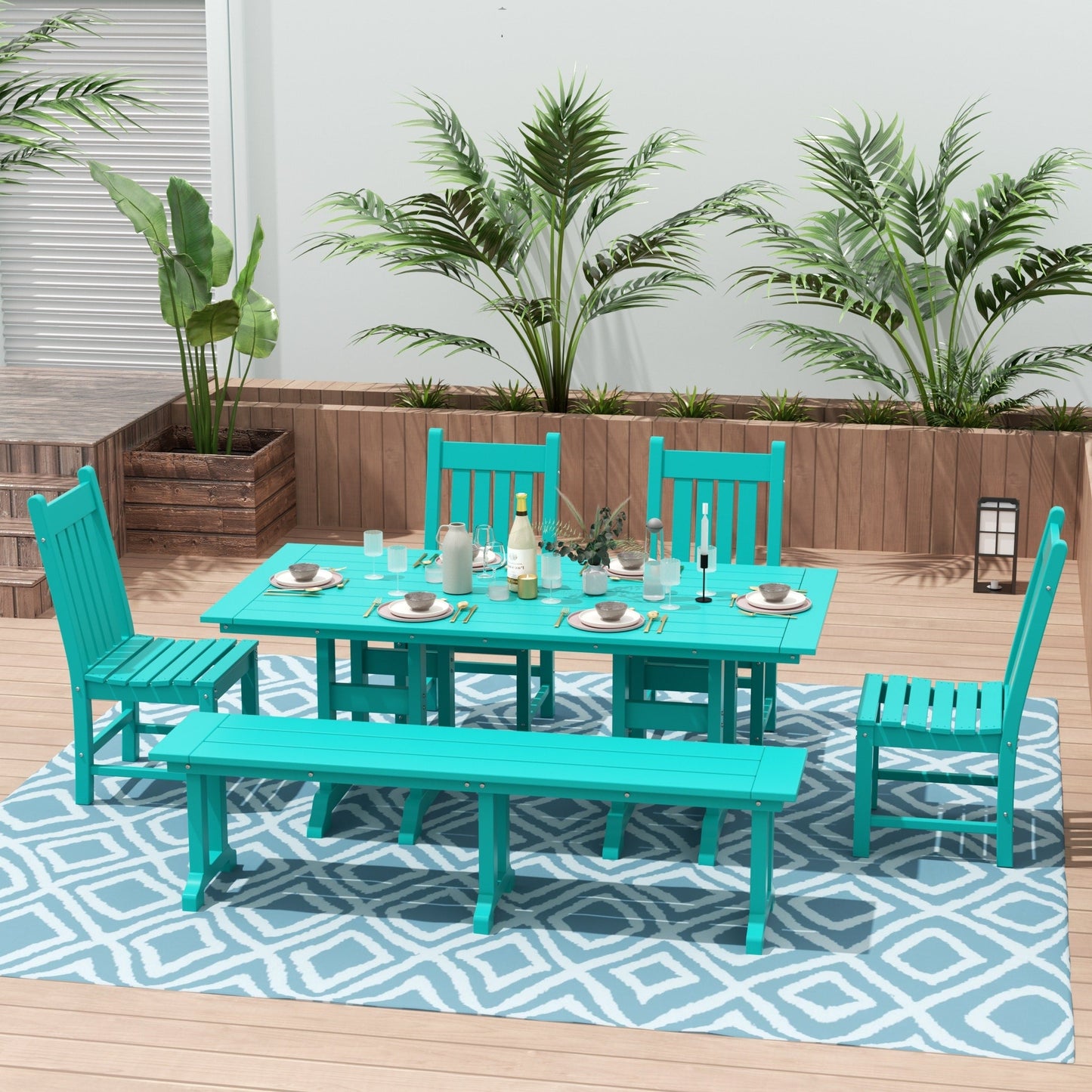 Ensemble de salle à manger d'extérieur Polytrends Laguna en PEHD, toutes saisons, avec table rectangulaire, chaises d'appoint et banc (ensemble de 6 pièces)