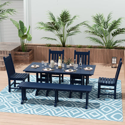 Ensemble de salle à manger d'extérieur Polytrends Laguna en PEHD, toutes saisons, avec table rectangulaire, chaises d'appoint et banc (ensemble de 6 pièces)