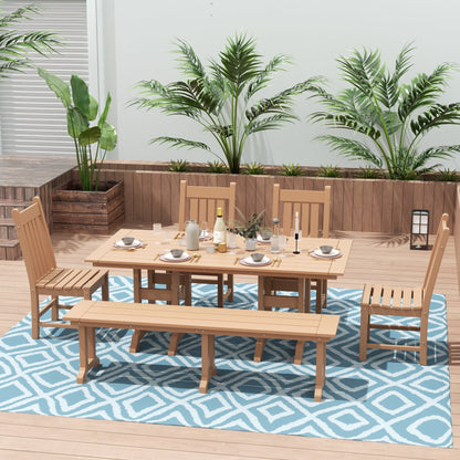 Ensemble de salle à manger d'extérieur Polytrends Laguna en PEHD, toutes saisons, avec table rectangulaire, chaises d'appoint et banc (ensemble de 6 pièces)