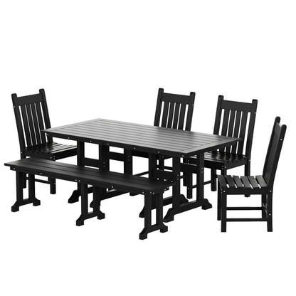 Ensemble de salle à manger d'extérieur Polytrends Laguna en PEHD, toutes saisons, avec table rectangulaire, chaises d'appoint et banc (ensemble de 6 pièces)