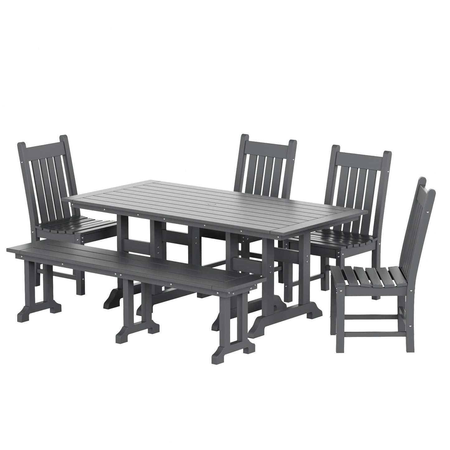 Ensemble de salle à manger d'extérieur Polytrends Laguna en PEHD, toutes saisons, avec table rectangulaire, chaises d'appoint et banc (ensemble de 6 pièces)
