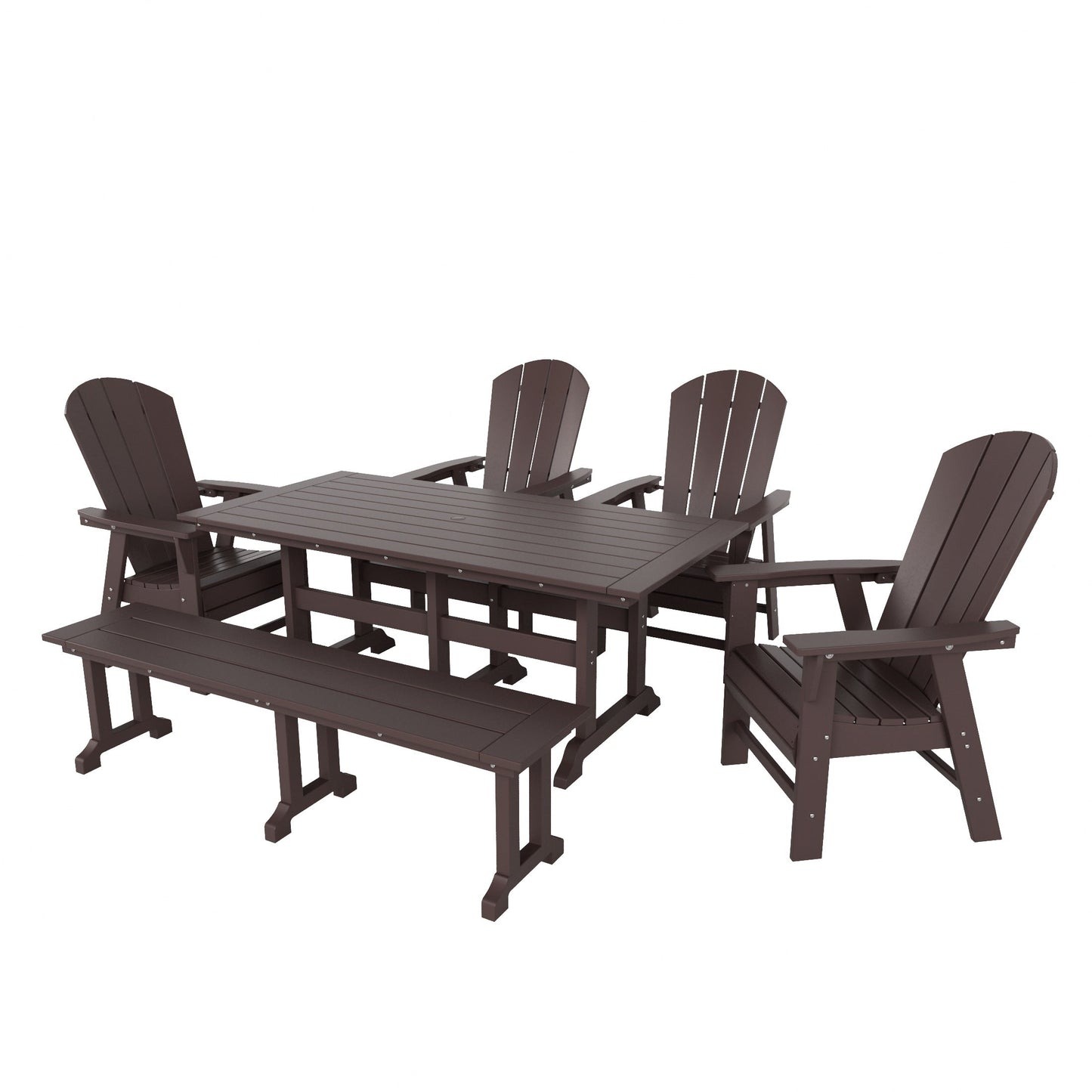 Ensemble de salle à manger d'extérieur Polytrends Laguna en PEHD, toutes saisons, avec table rectangulaire, fauteuils et banc (ensemble de 6 pièces)