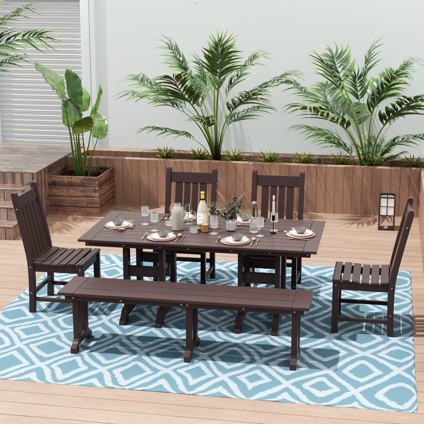 Ensemble de salle à manger d'extérieur Polytrends Laguna en PEHD, toutes saisons, avec table rectangulaire, chaises d'appoint et banc (ensemble de 6 pièces)
