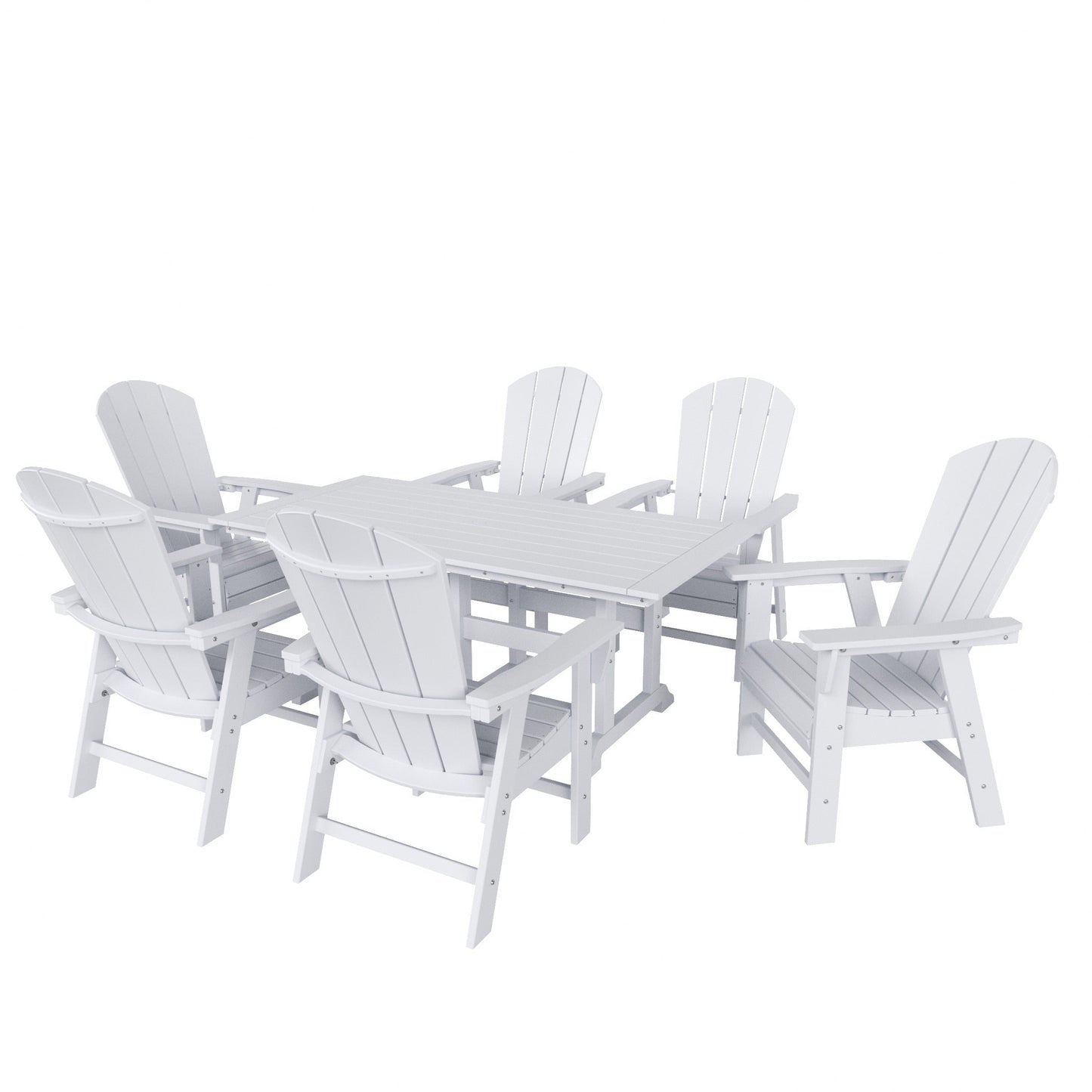 Chaises de salle à manger rectangulaires Adirondack Polytrends Laguna en PEHD, toutes saisons, avec table (ensemble de 7 pièces)