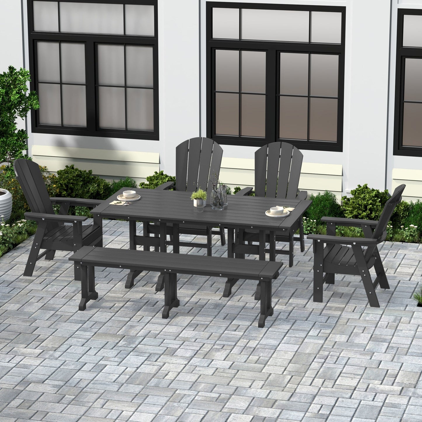 Ensemble de salle à manger d'extérieur Polytrends Laguna en PEHD, toutes saisons, avec table rectangulaire, fauteuils et banc (ensemble de 6 pièces)
