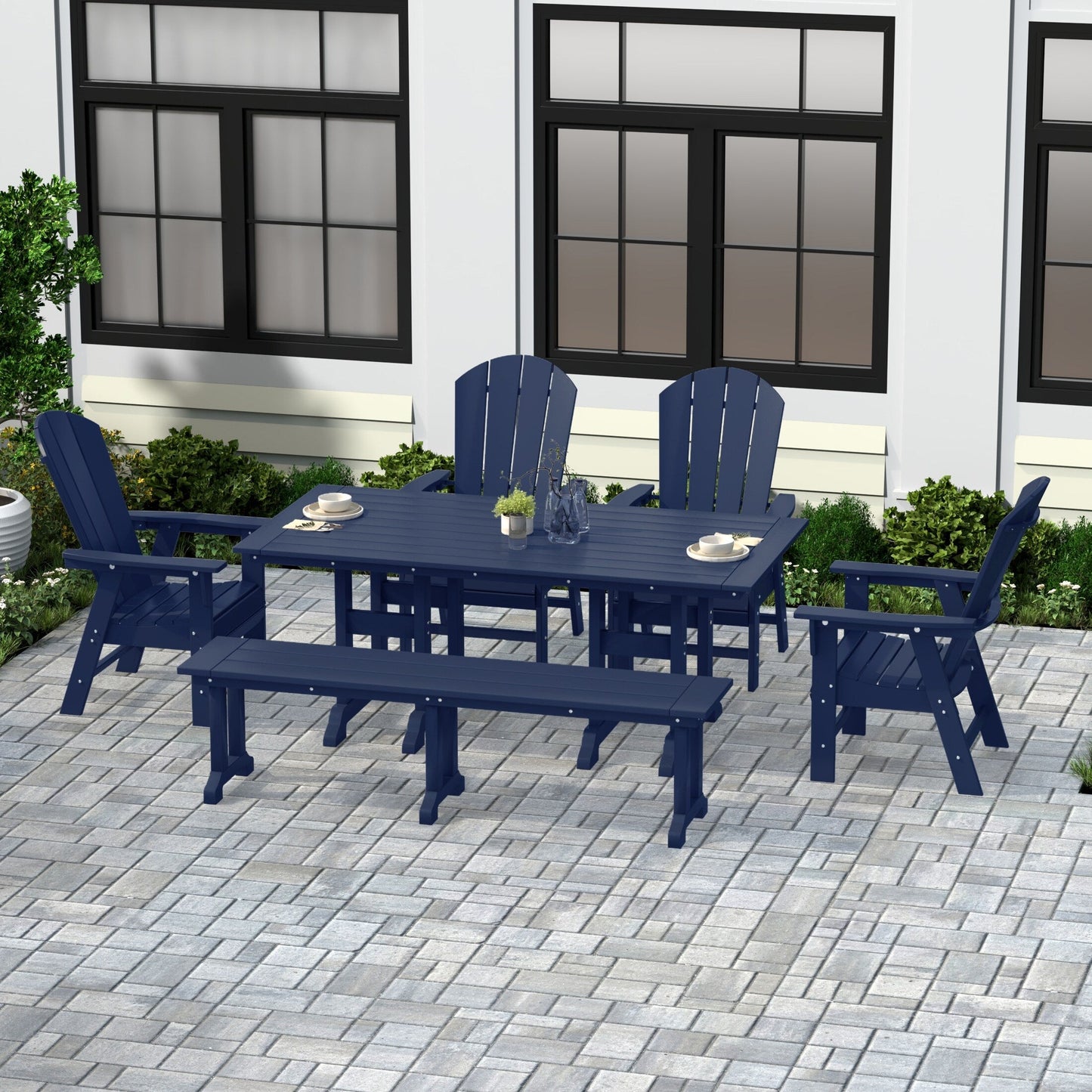 Ensemble de salle à manger d'extérieur Polytrends Laguna en PEHD, toutes saisons, avec table rectangulaire, fauteuils et banc (ensemble de 6 pièces)