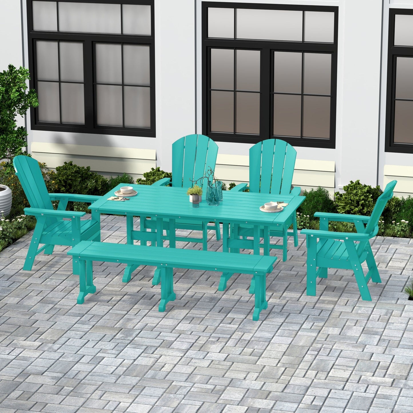 Ensemble de salle à manger d'extérieur Polytrends Laguna en PEHD, toutes saisons, avec table rectangulaire, fauteuils et banc (ensemble de 6 pièces)