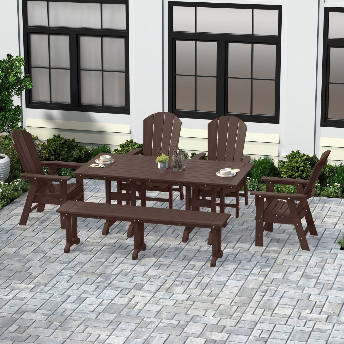 Ensemble de salle à manger d'extérieur Polytrends Laguna en PEHD, toutes saisons, avec table rectangulaire, fauteuils et banc (ensemble de 6 pièces)
