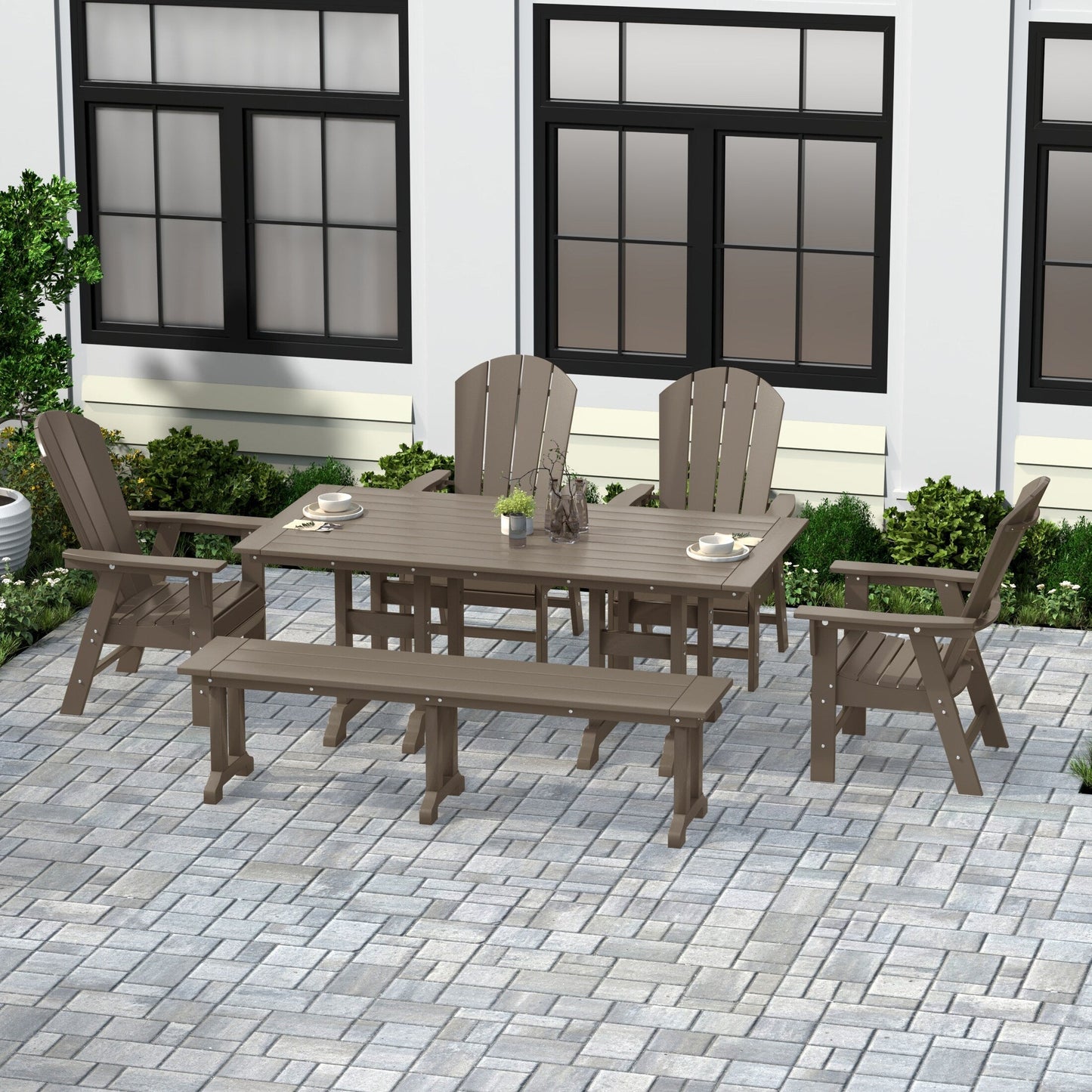 Ensemble de salle à manger d'extérieur Polytrends Laguna en PEHD, toutes saisons, avec table rectangulaire, fauteuils et banc (ensemble de 6 pièces)