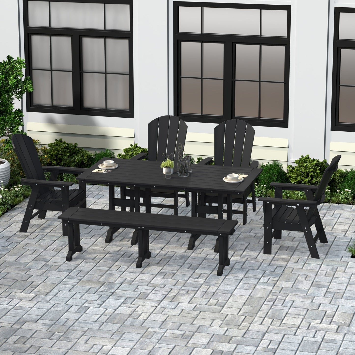 Ensemble de salle à manger d'extérieur Polytrends Laguna en PEHD, toutes saisons, avec table rectangulaire, fauteuils et banc (ensemble de 6 pièces)