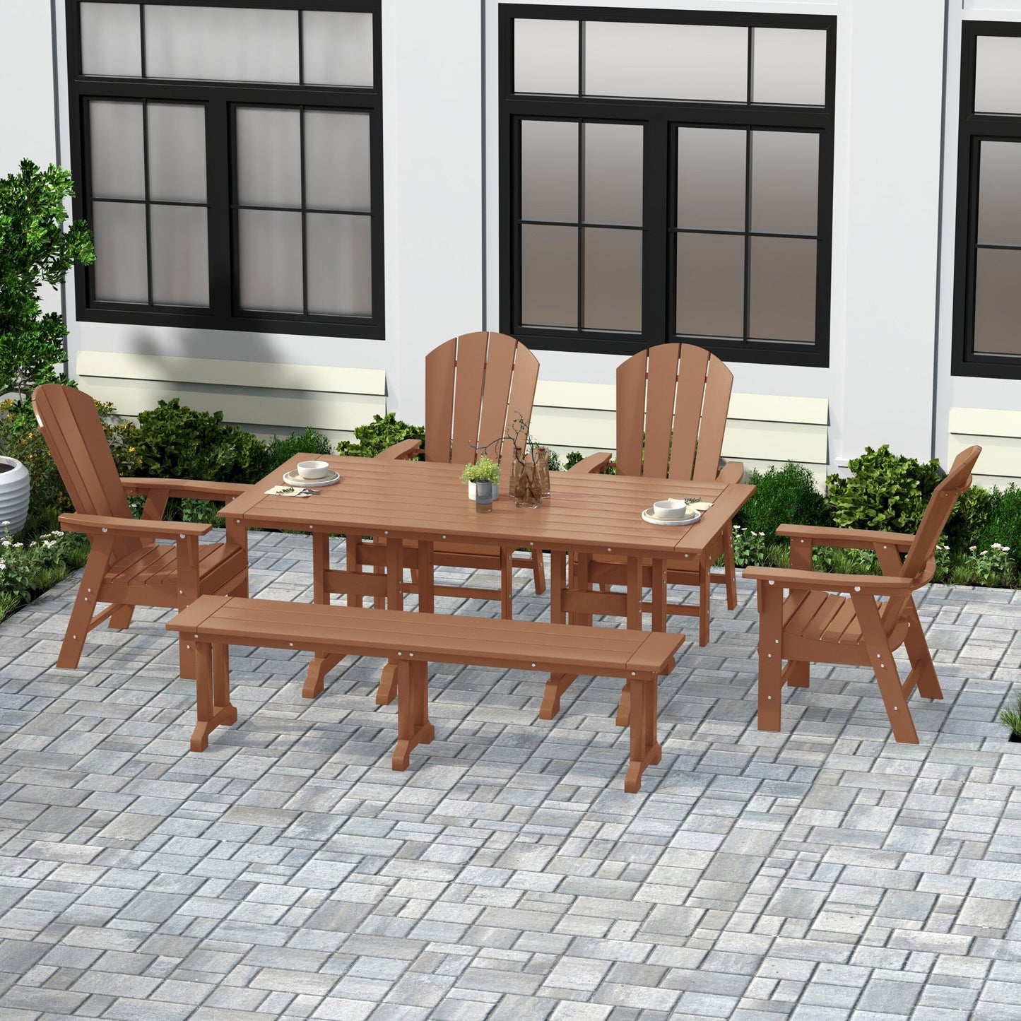 Ensemble de salle à manger d'extérieur Polytrends Laguna en PEHD, toutes saisons, avec table rectangulaire, fauteuils et banc (ensemble de 6 pièces)