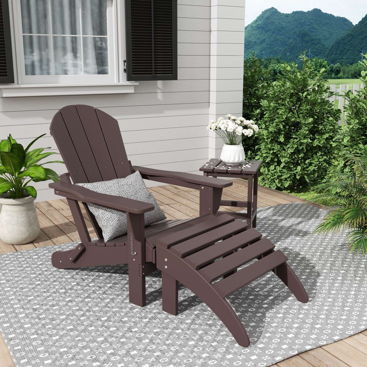 Chaise Adirondack pliable Polytrends Laguna en PEHD, toutes saisons, avec pouf et table d'appoint (ensemble 3 pièces)