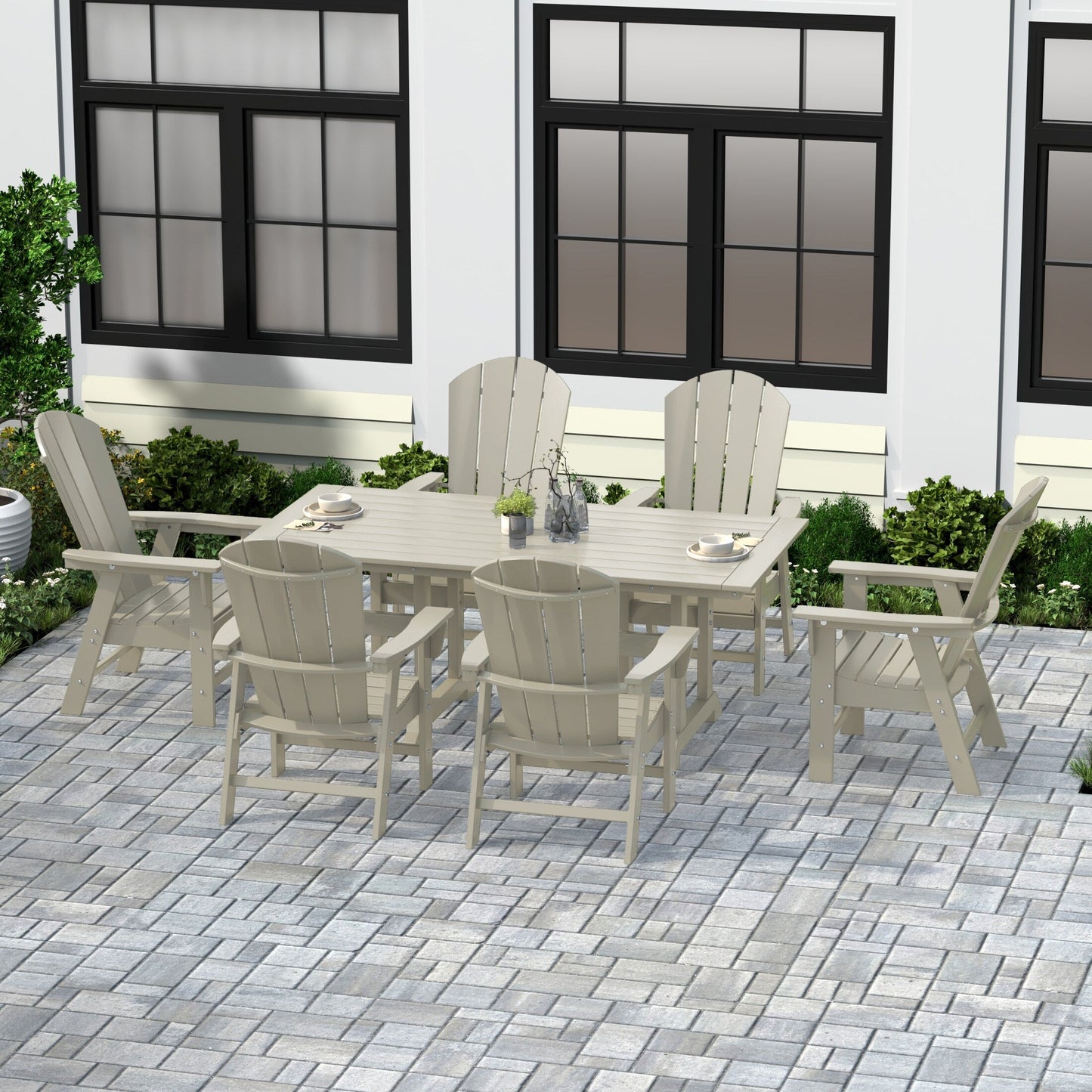 Chaises de salle à manger rectangulaires Adirondack Polytrends Laguna en PEHD, toutes saisons, avec table (ensemble de 7 pièces)