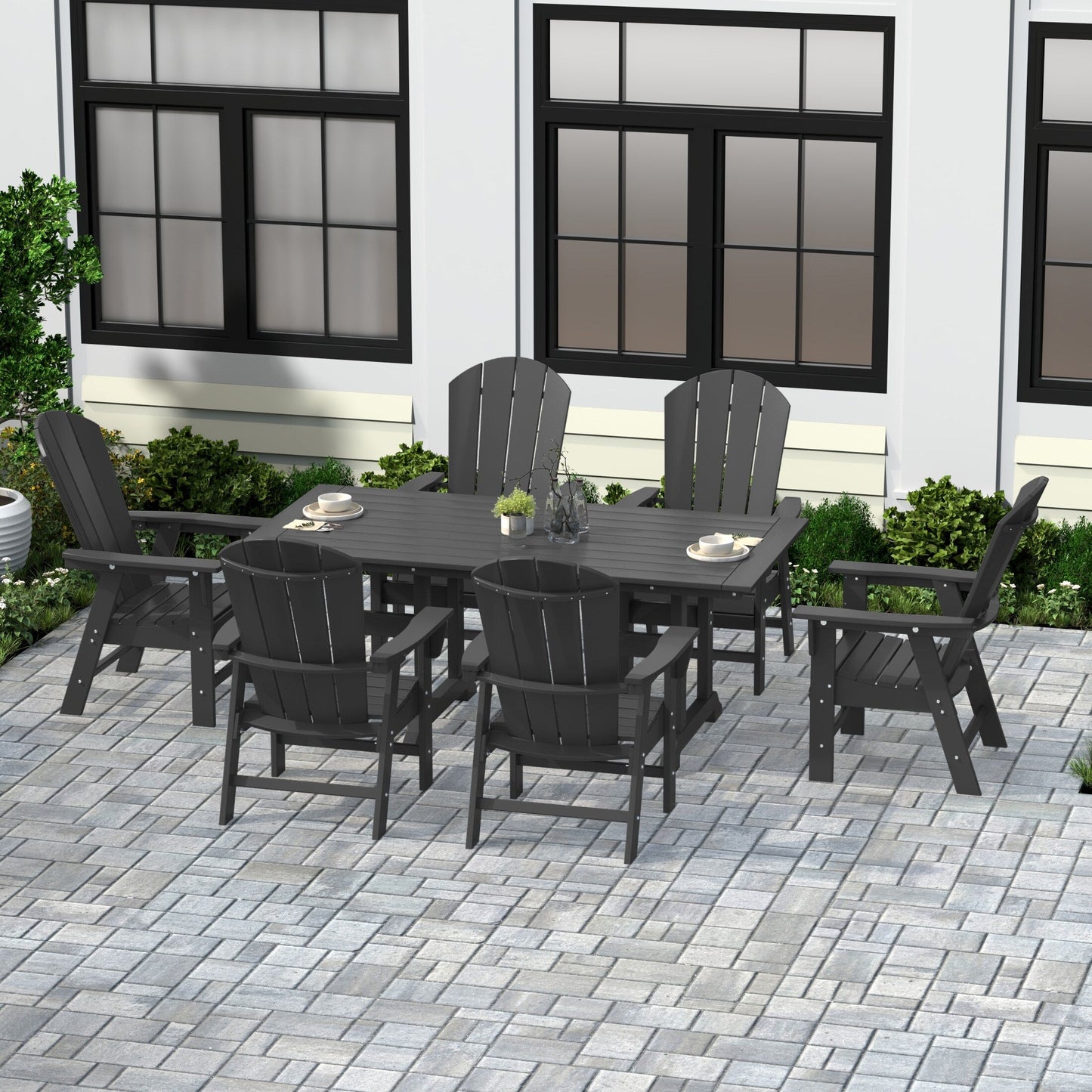 Chaises de salle à manger rectangulaires Adirondack Polytrends Laguna en PEHD, toutes saisons, avec table (ensemble de 7 pièces)