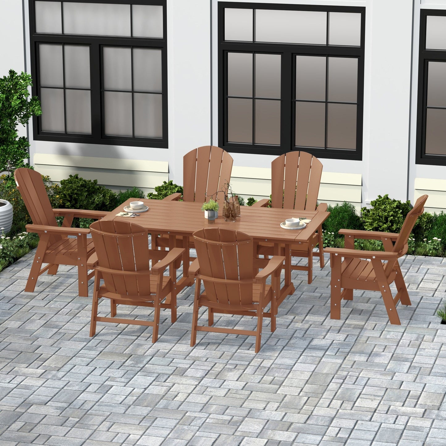 Chaises de salle à manger rectangulaires Adirondack Polytrends Laguna en PEHD, toutes saisons, avec table (ensemble de 7 pièces)