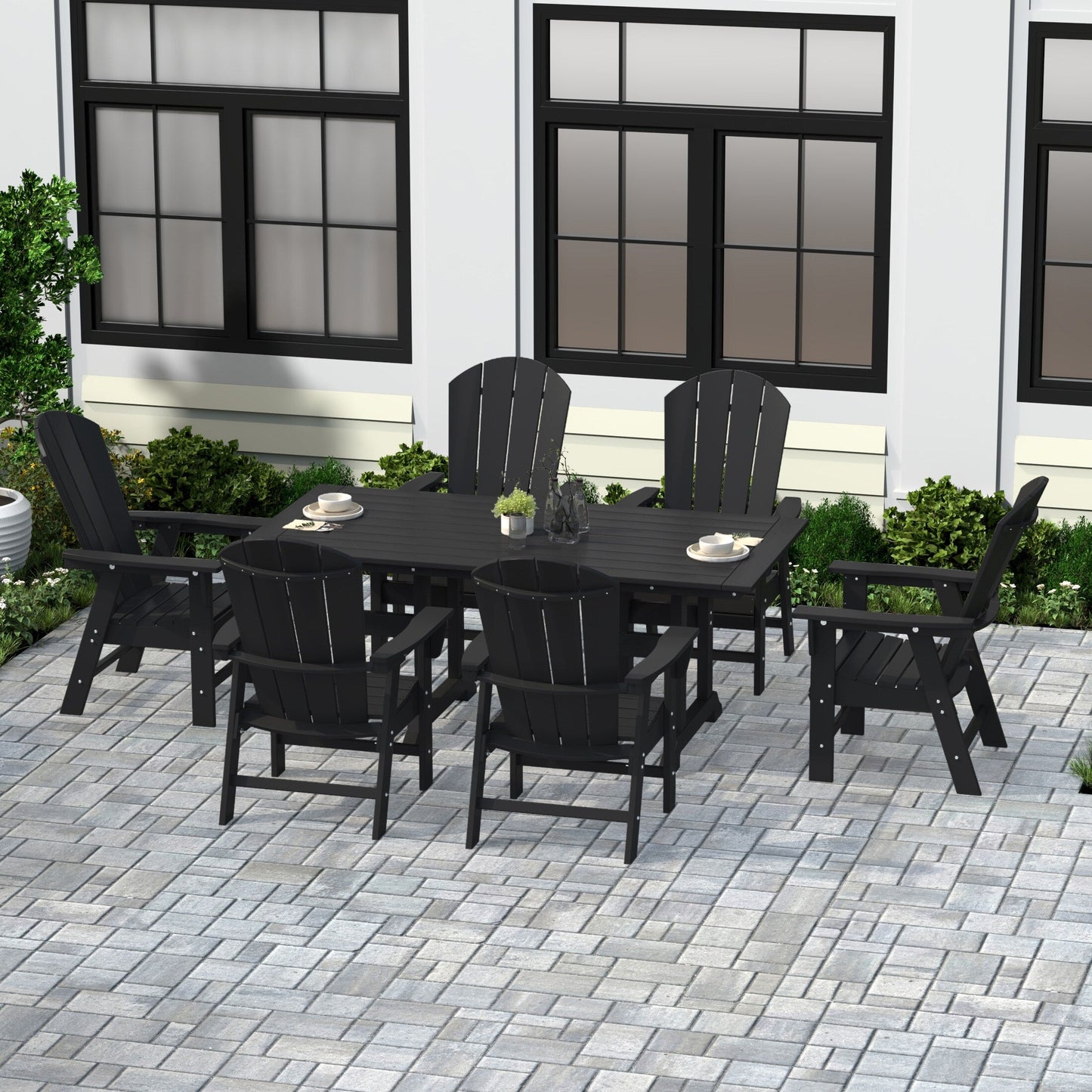Chaises de salle à manger rectangulaires Adirondack Polytrends Laguna en PEHD, toutes saisons, avec table (ensemble de 7 pièces)