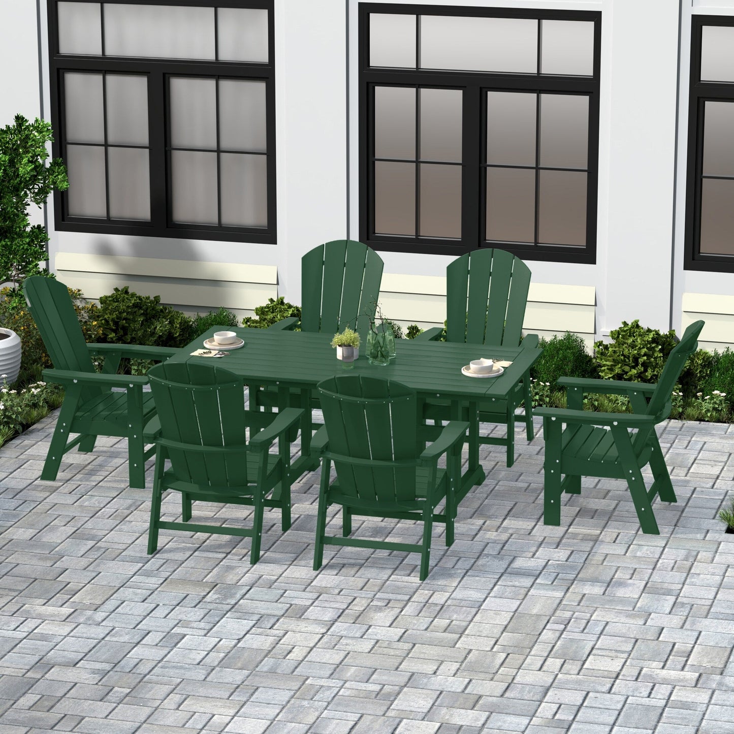 Chaises de salle à manger rectangulaires Adirondack Polytrends Laguna en PEHD, toutes saisons, avec table (ensemble de 7 pièces)