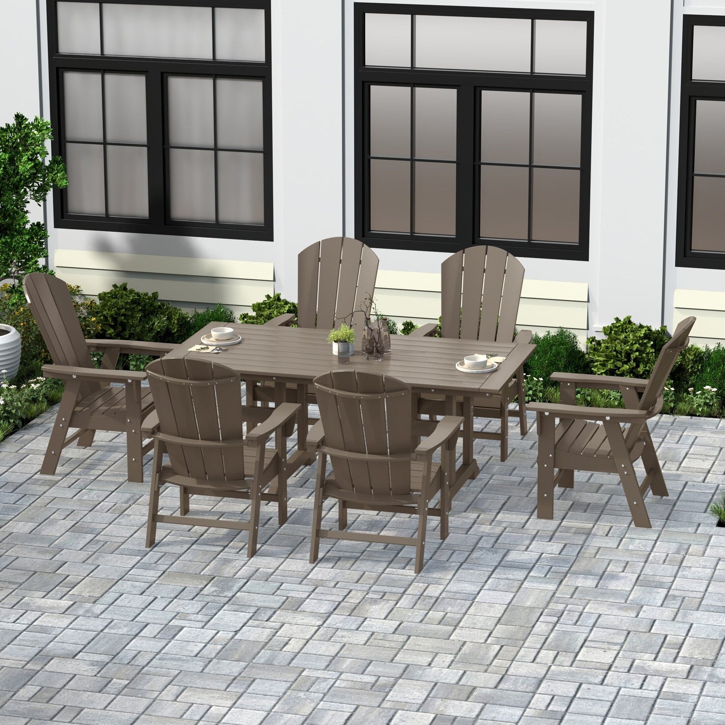 Chaises de salle à manger rectangulaires Adirondack Polytrends Laguna en PEHD, toutes saisons, avec table (ensemble de 7 pièces)