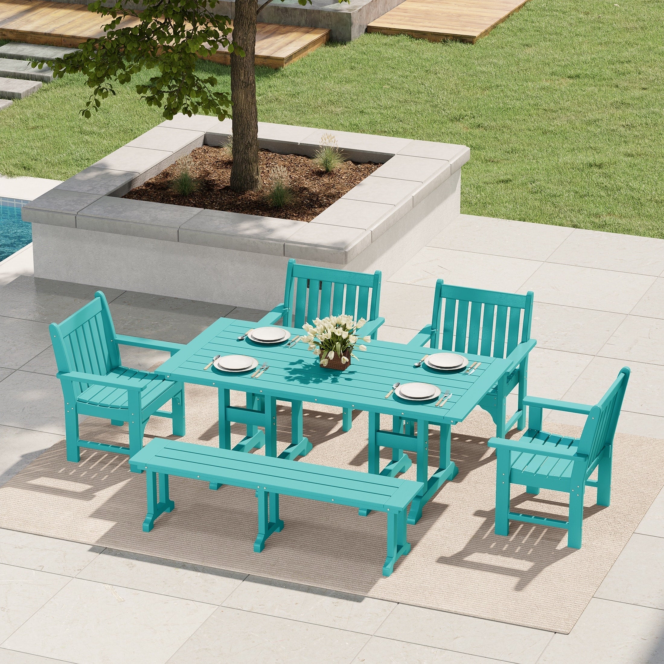 Ensemble de salle à manger et de jardin rectangulaire Polytrends Laguna 6 pièces avec table et banc