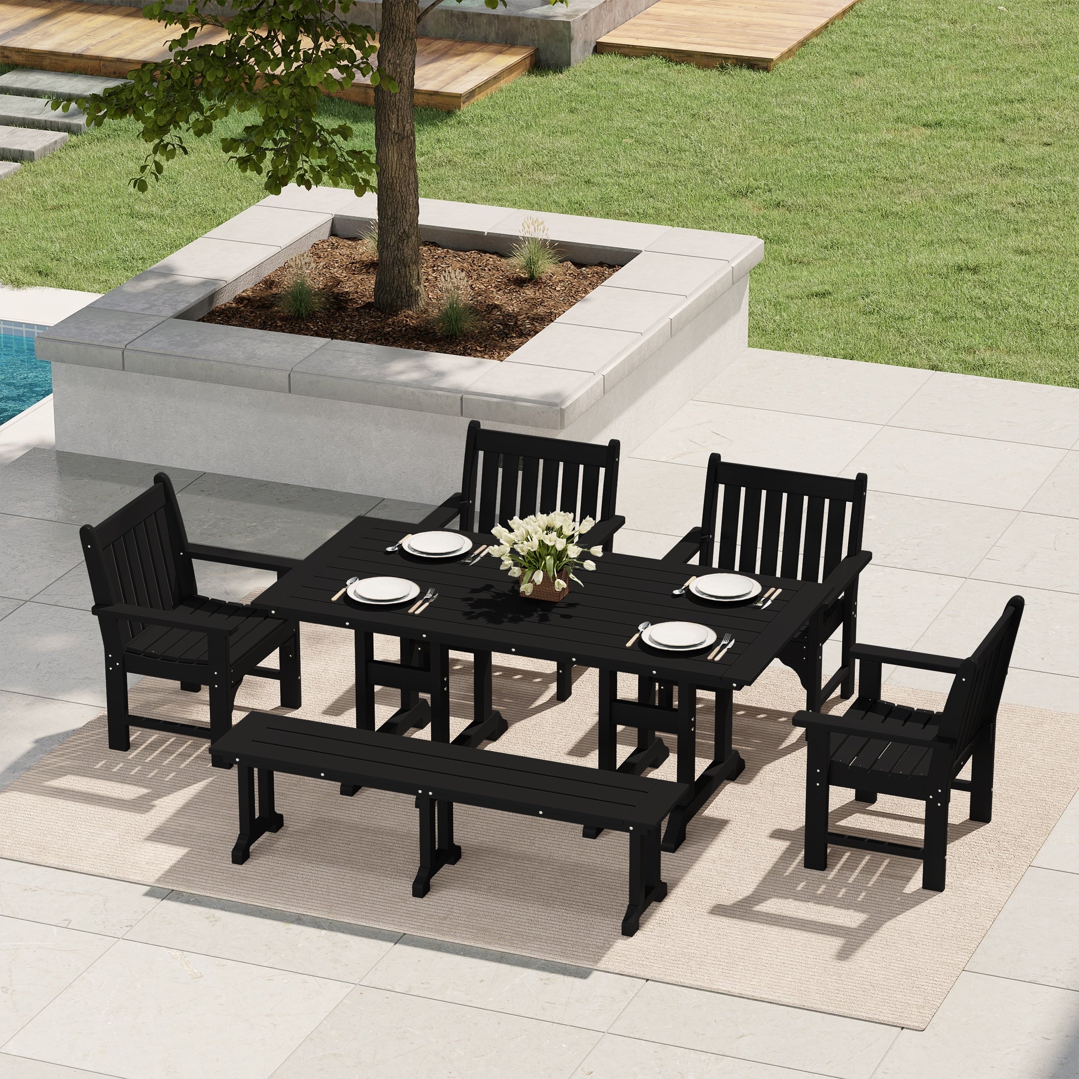 Ensemble de salle à manger et de jardin rectangulaire Polytrends Laguna 6 pièces avec table et banc