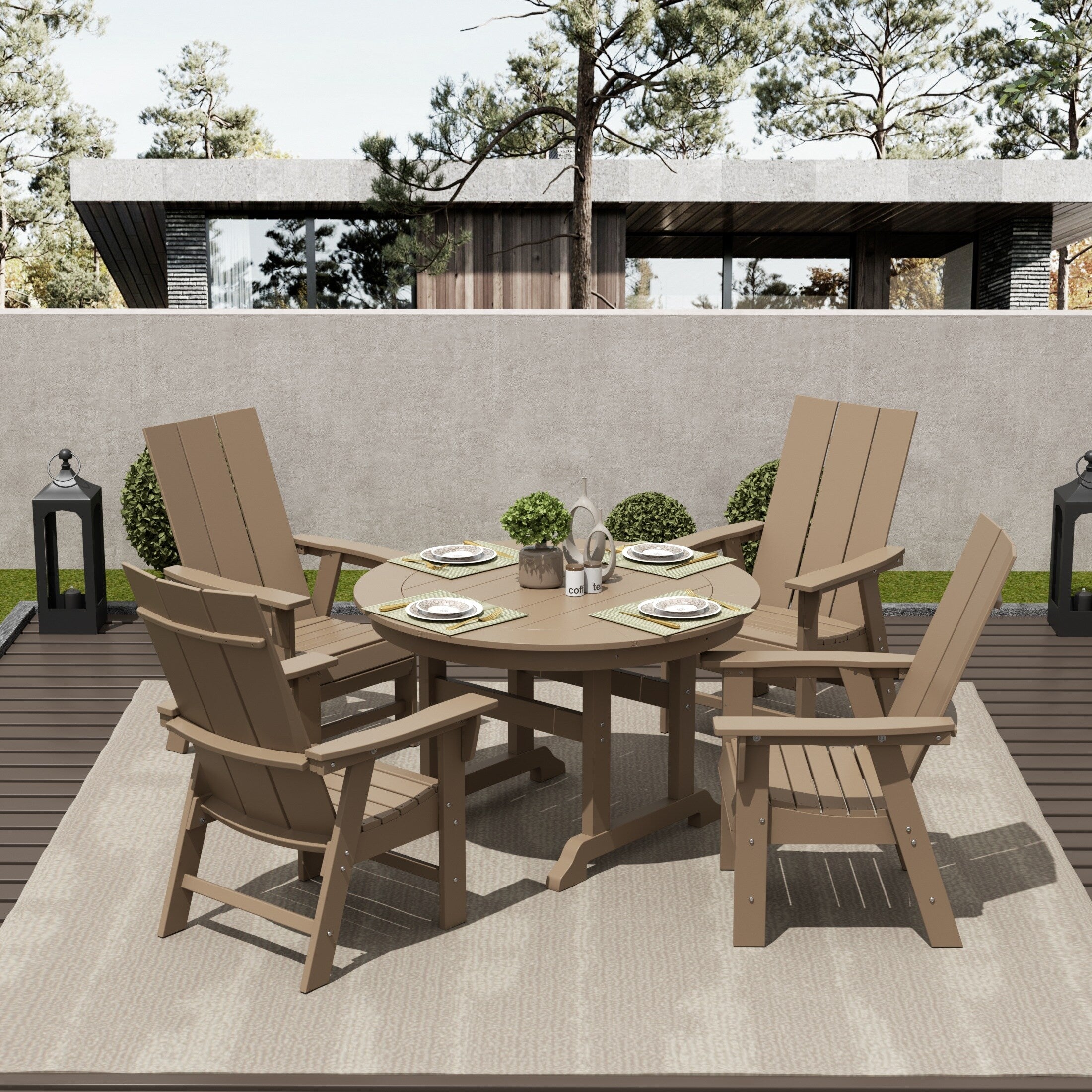 Ensemble de salle à manger d'extérieur Polytrends Shoreside, 5 pièces, carré, en polyester, respectueux de l'environnement, toutes saisons, avec fauteuils