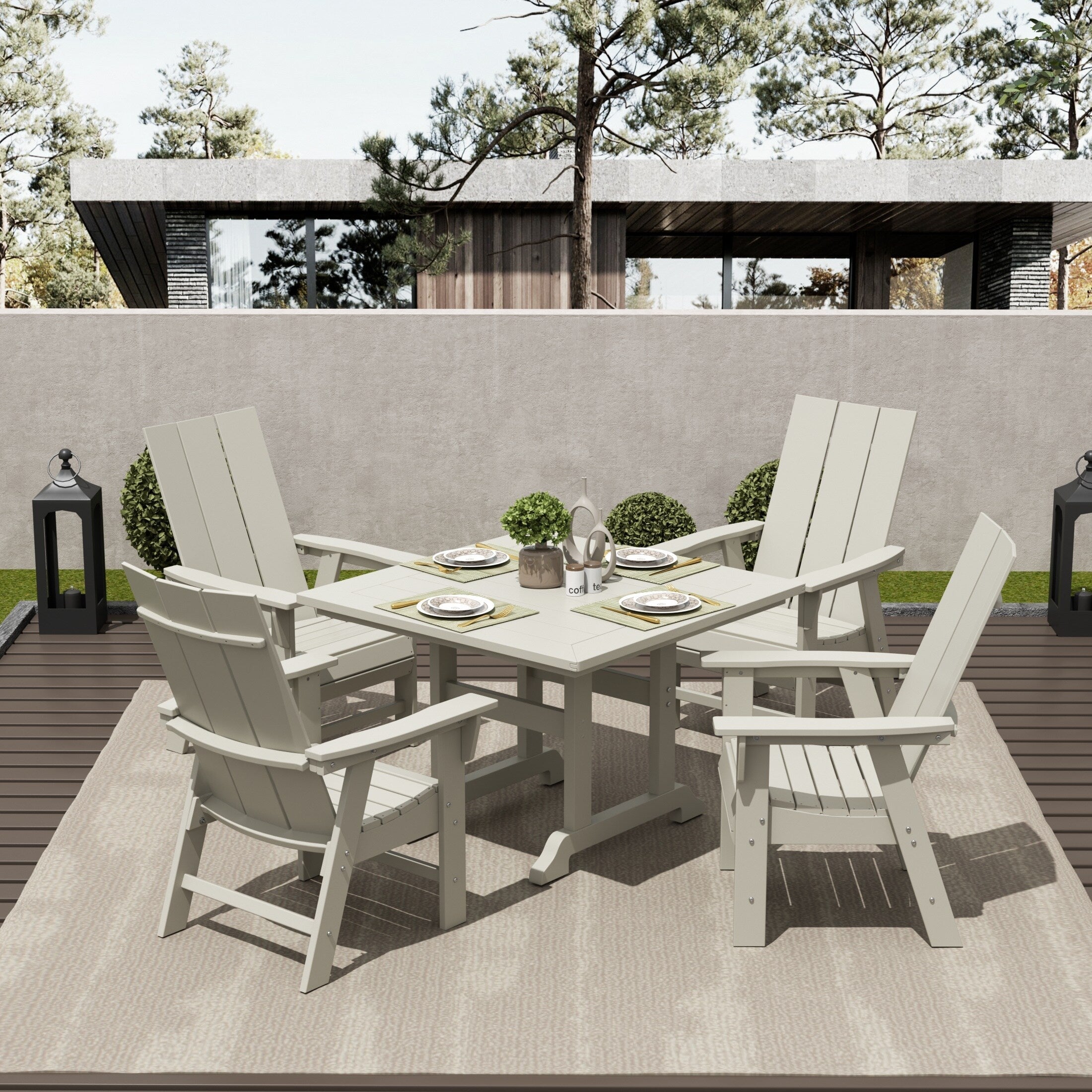Ensemble de salle à manger d'extérieur Polytrends Shoreside, 5 pièces, carré, en polyester, respectueux de l'environnement, toutes saisons, avec fauteuils