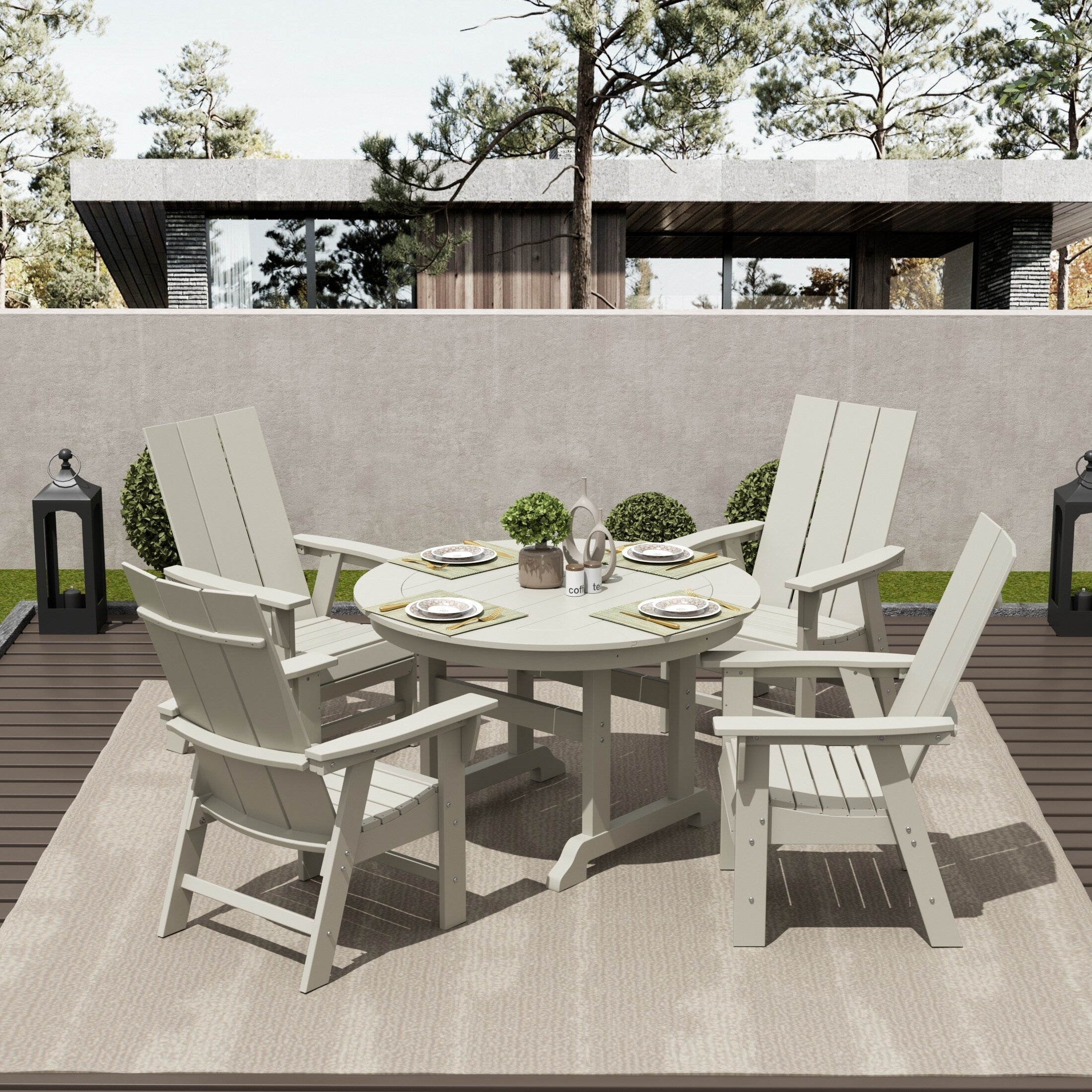 Ensemble de salle à manger d'extérieur Polytrends Shoreside, 5 pièces, carré, en polyester, respectueux de l'environnement, toutes saisons, avec fauteuils